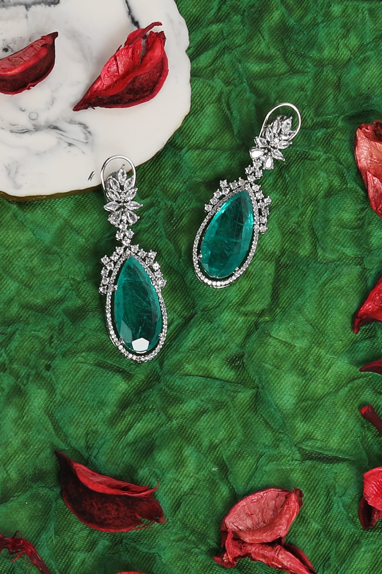 White Finish Sea Green Zircon Dangler Earrings