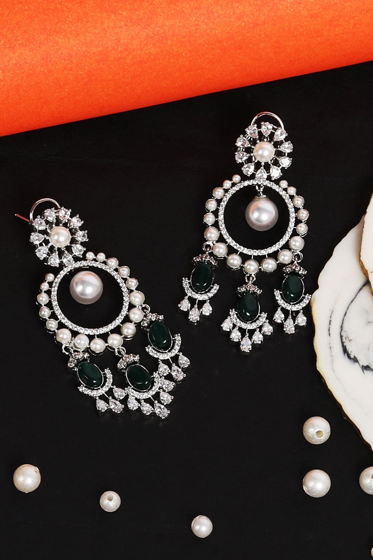 Gold Plated Green Kundan Polki & Pearl Chandbali Earrings