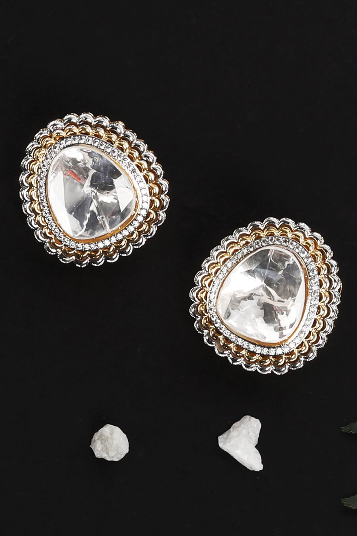 Gold Plated White Kundan Polki & Pearl Stud Earrings