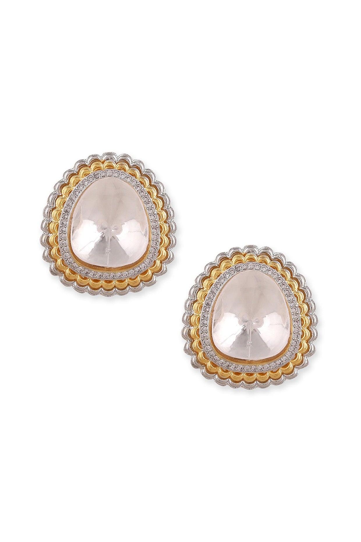 Gold Plated White Kundan Polki & Pearl Stud Earrings