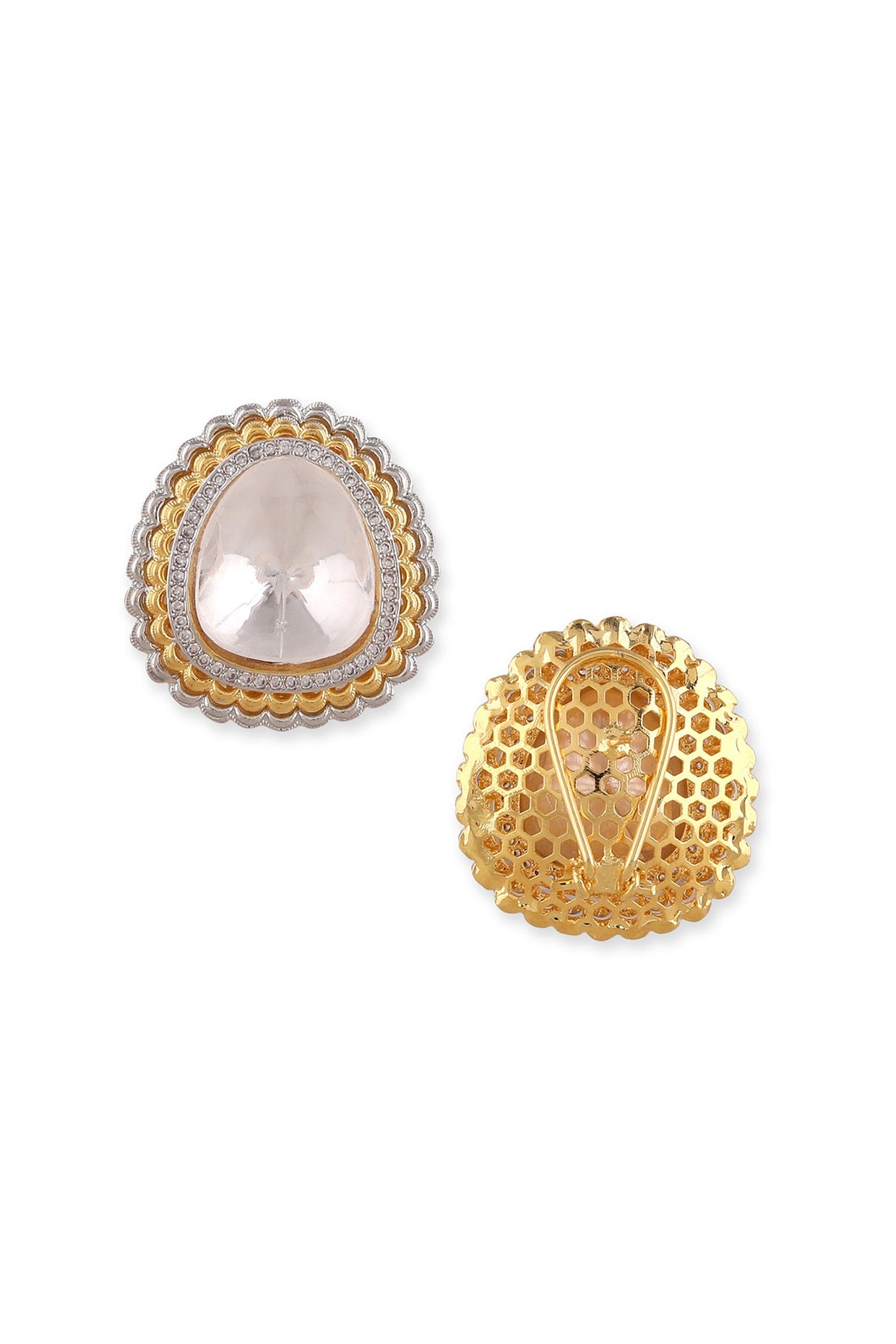 Gold Plated White Kundan Polki & Pearl Stud Earrings