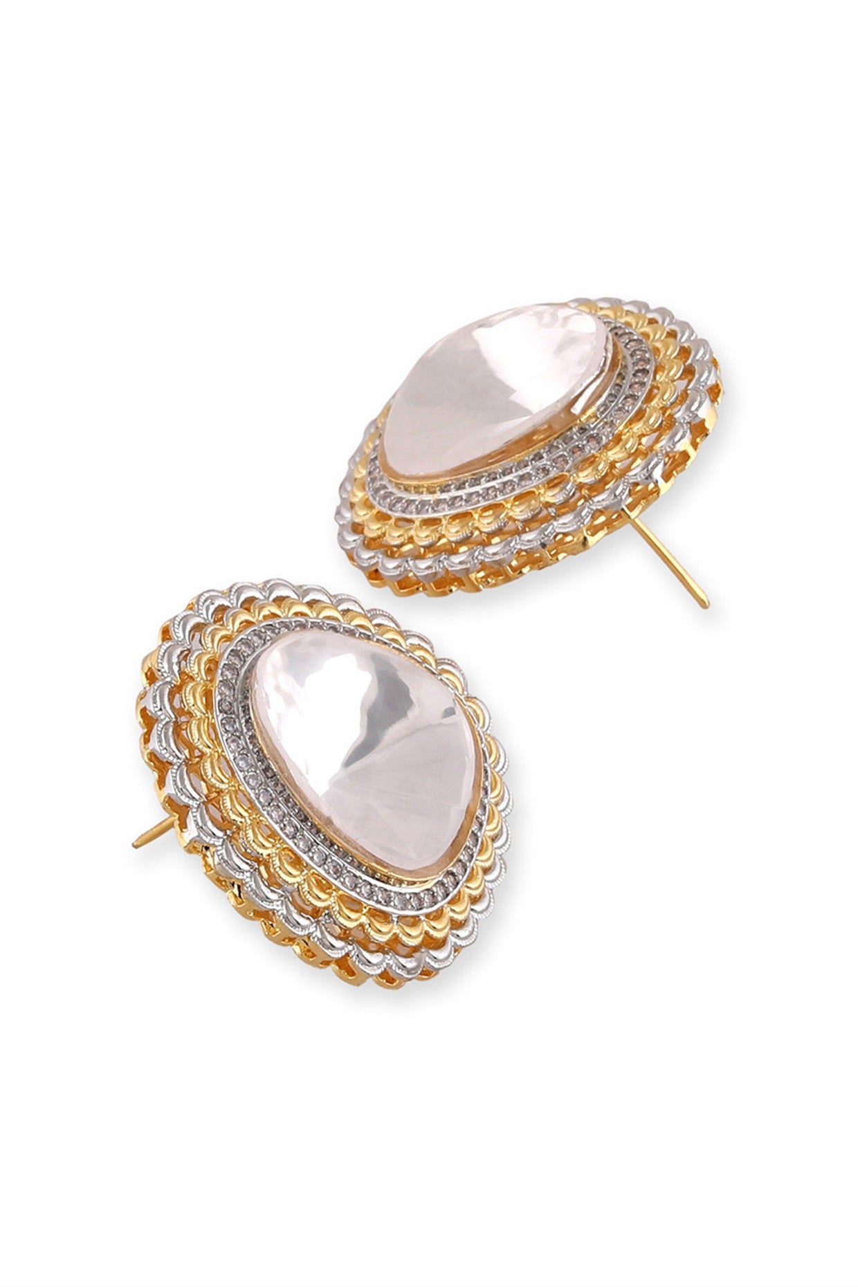 Gold Plated White Kundan Polki & Pearl Stud Earrings