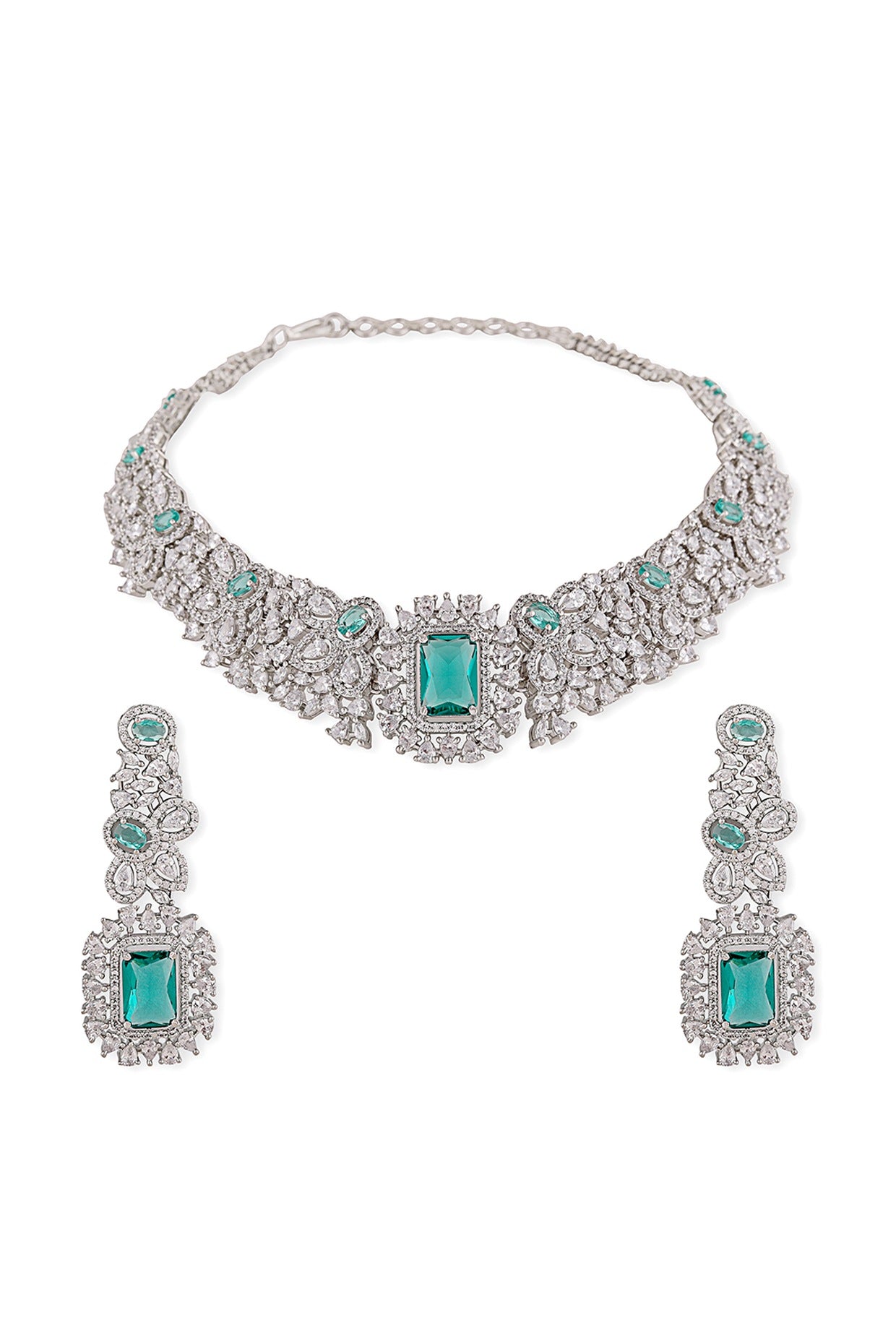 White Finish Aqua Zircon & Pearl Necklace Set