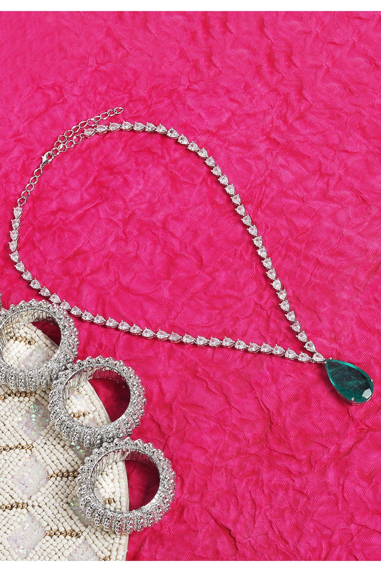 White Finish Green Zircon & Pearl Necklace