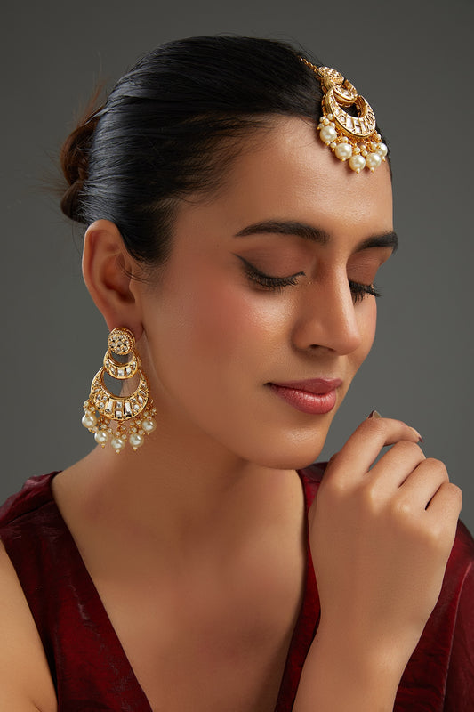 Gold Plated White Kundan Polki Chandbali Earrings With Maangtikka