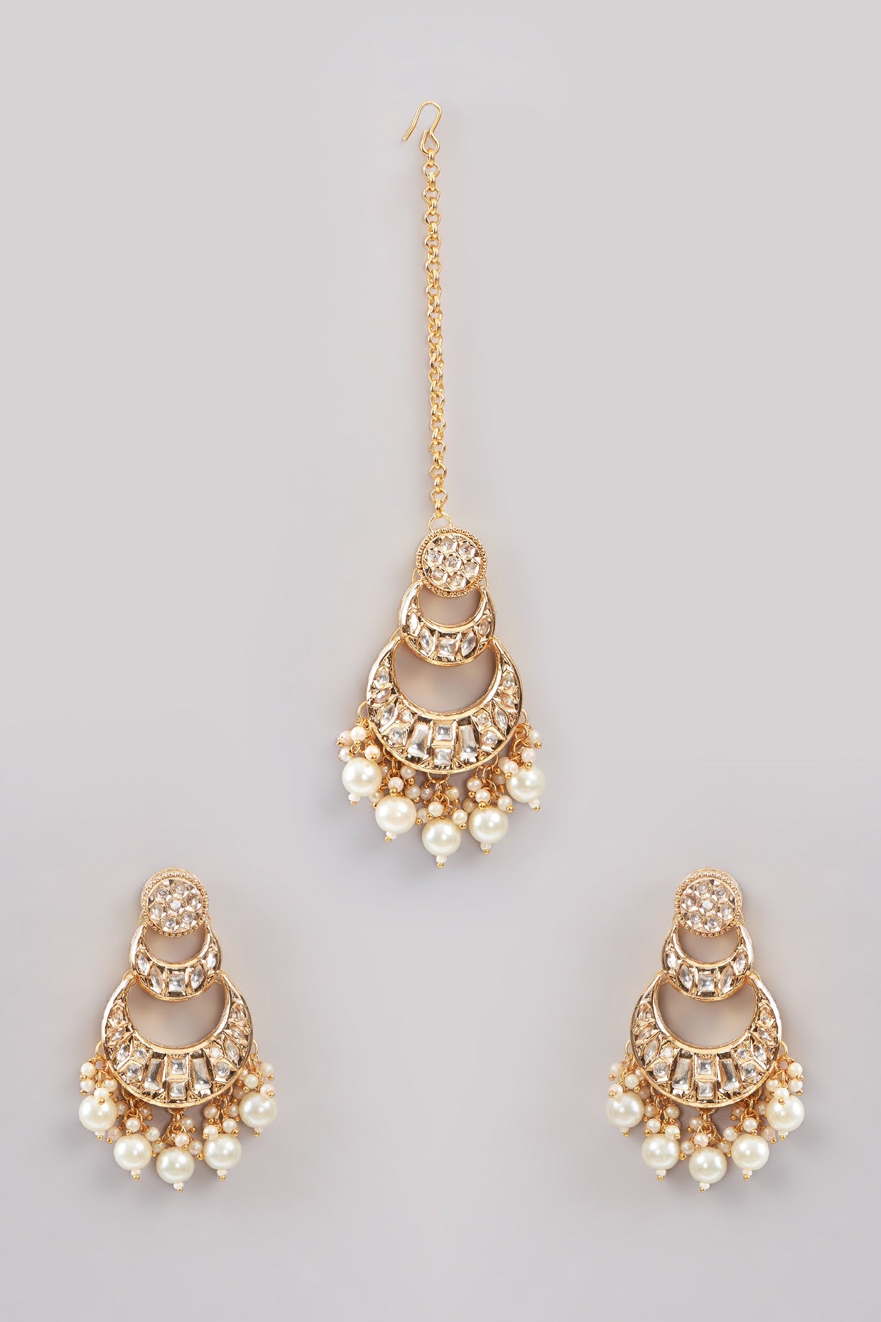 Gold Plated White Kundan Polki Chandbali Earrings With Maangtikka