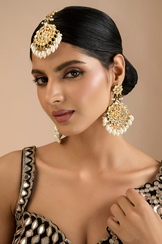 Gold Finish Kundan Polki Chandbali Earrings With Maang Tikka