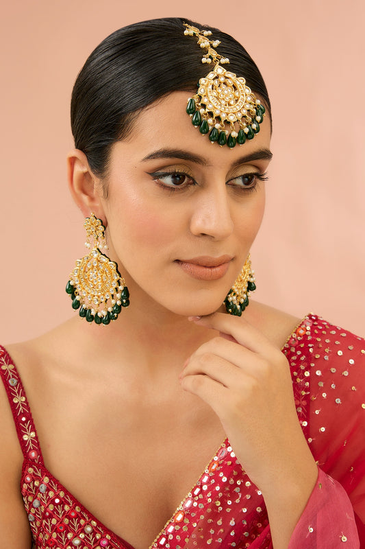 Gold Finish Kundan Polki Chandbali Earrings With Maang Tikka