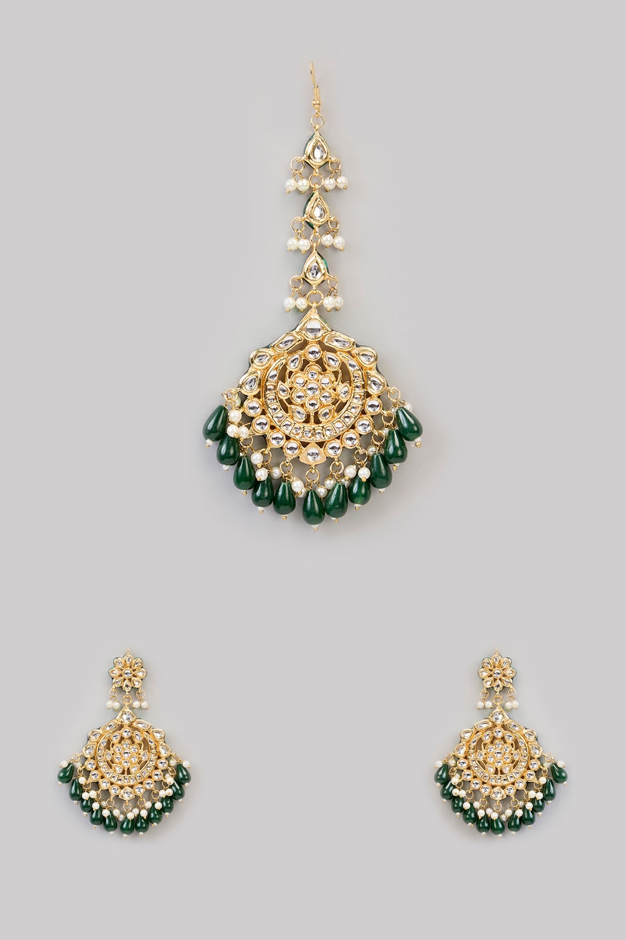 Gold Finish Kundan Polki Chandbali Earrings With Maang Tikka