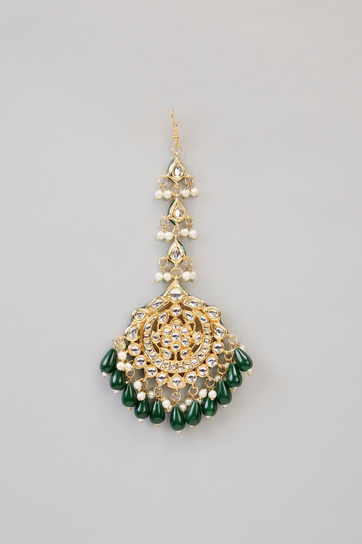 Gold Finish Kundan Polki Chandbali Earrings With Maang Tikka