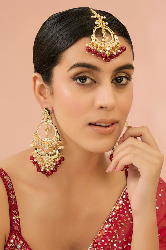 Gold Finish Kundan Polki & Green Stone Chandbali Earrings With Maangtikka