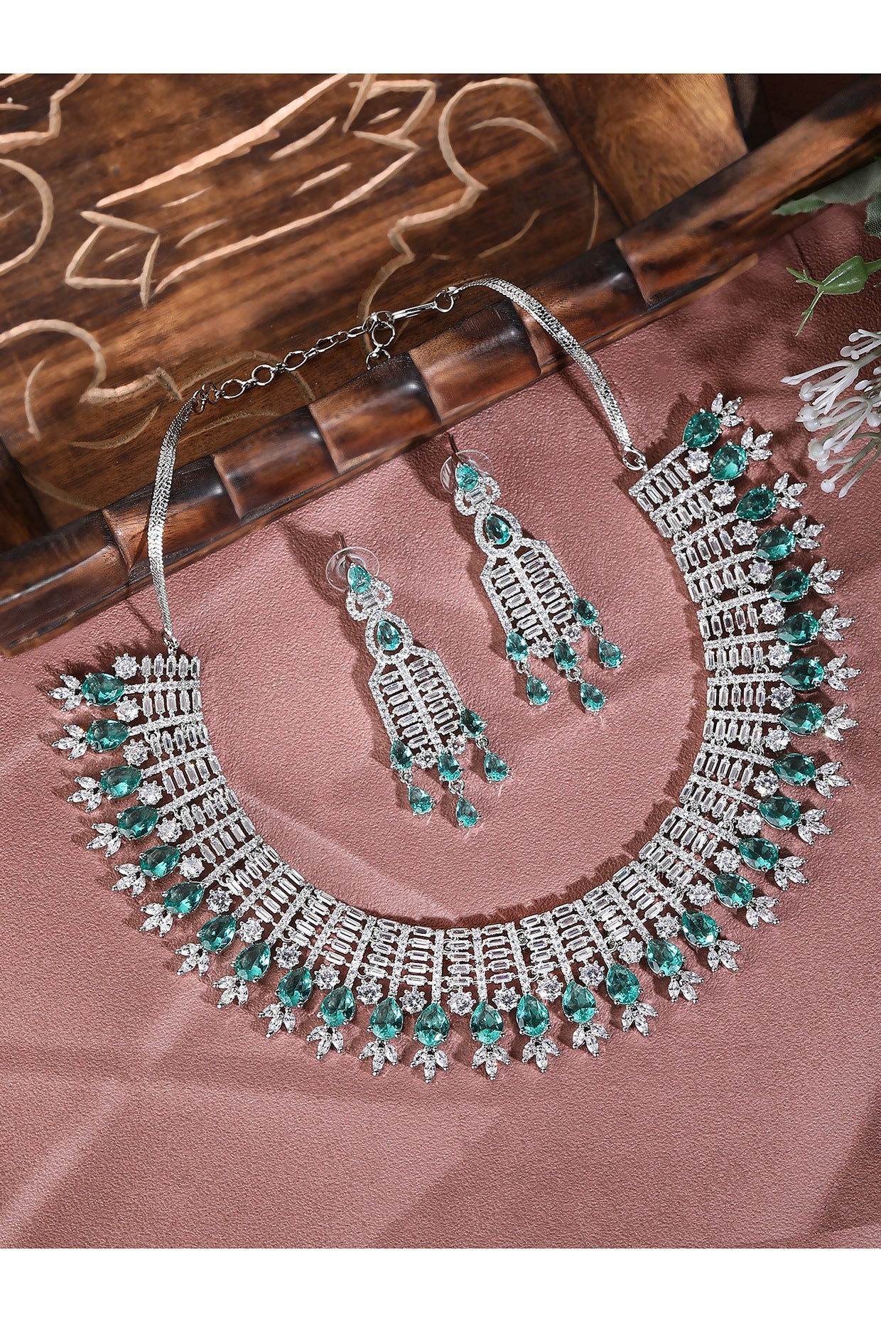 White Rhodium Finish American Diamond & Blue Zircon Necklace Set