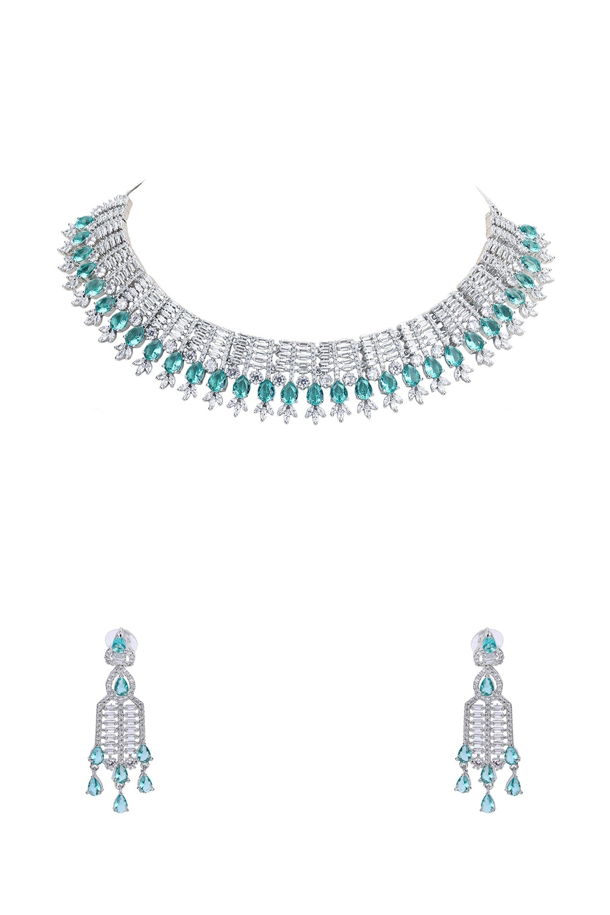 White Rhodium Finish American Diamond & Blue Zircon Necklace Set