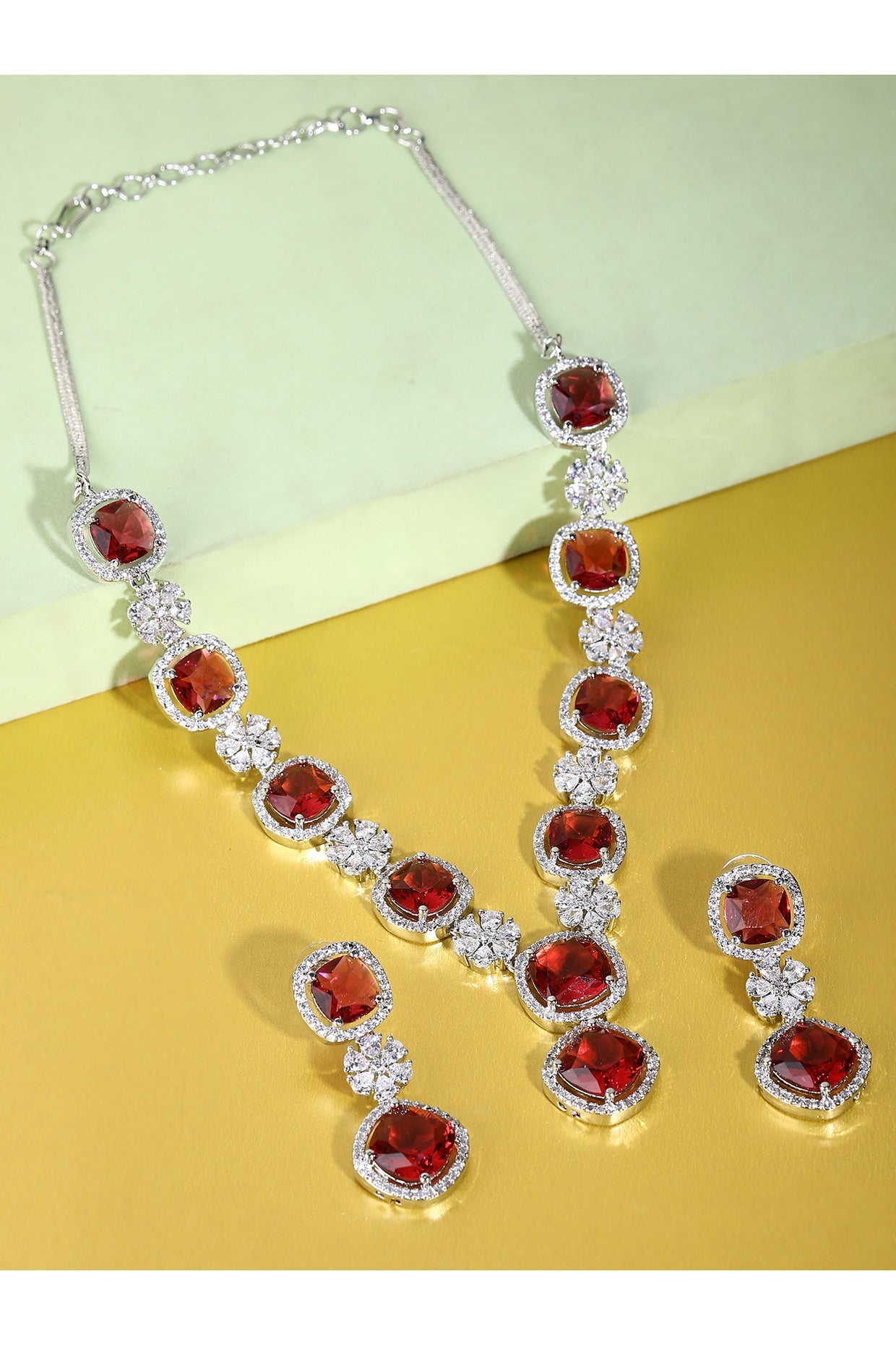 White Rhodium Finish American Diamond & Red Zircon Necklace Set