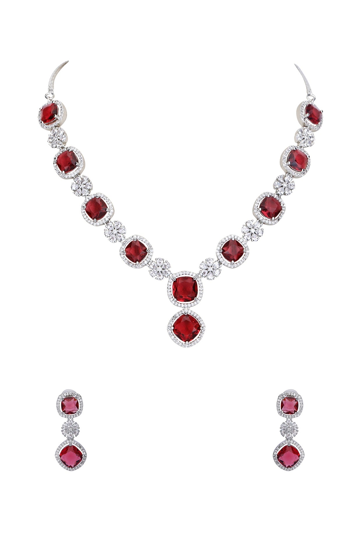 White Rhodium Finish American Diamond & Red Zircon Necklace Set