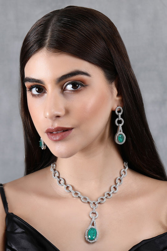 White Rhodium Finish American Diamond & Blue Zircon Necklace Set