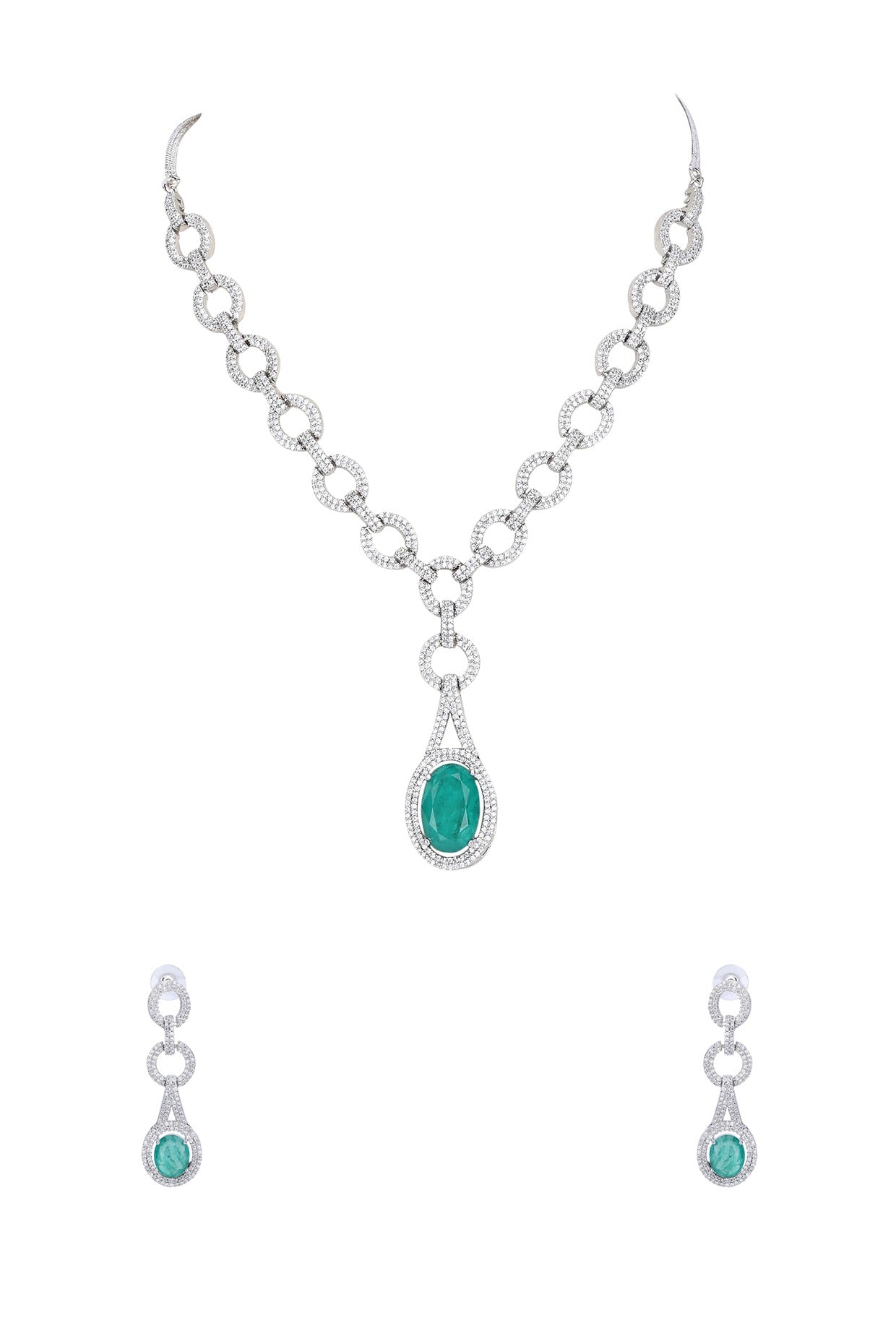 White Rhodium Finish American Diamond & Blue Zircon Necklace Set