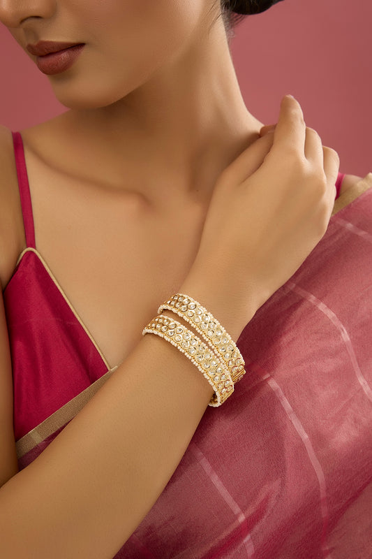 Gold Finish Zircon & Kundan Polki Bangles (Set of 2)