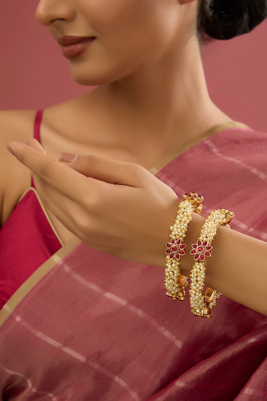 Rose Gold Finish Kundan Polki & Pearl Bangles (Set Of 2)