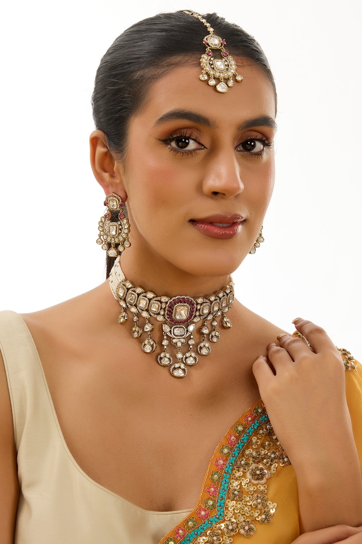 Gold Finish Kundan Polki Necklace Set