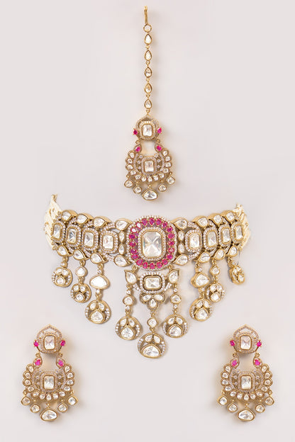Gold Finish Kundan Polki Necklace Set