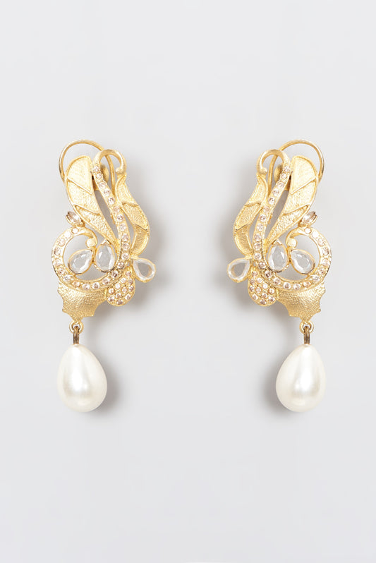 Gold Plated Kundan Polki & Pearl Dangler Earrings