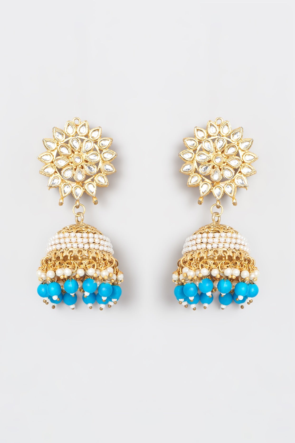 Gold Plated Kundan Polki & Blue Beaded Dangler Earrings