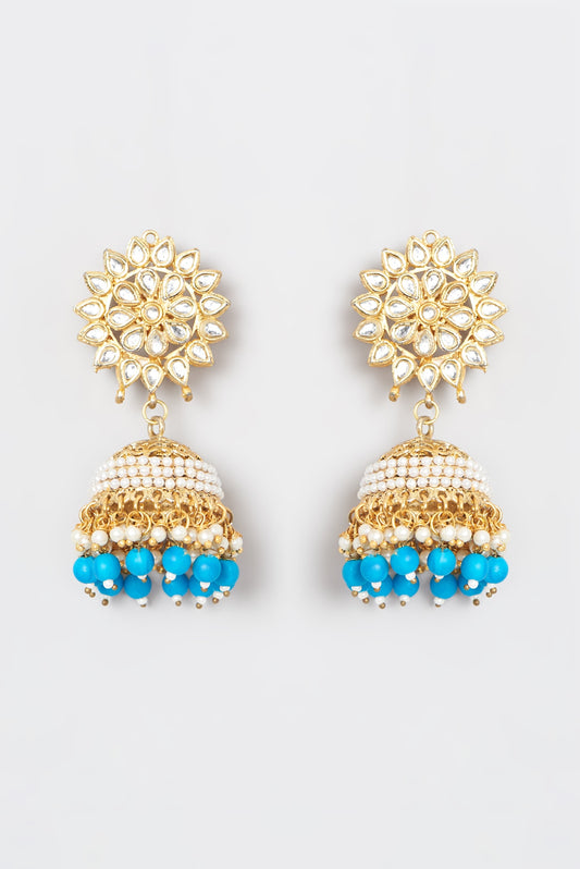 Gold Plated Kundan Polki & Blue Beaded Dangler Earrings