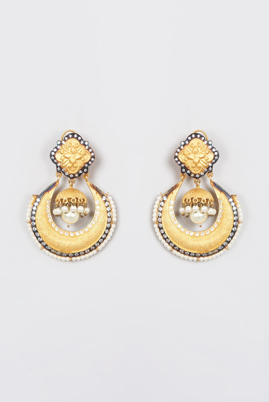 Gold Plated Kundan Polki & Pearl Dangler Earrings