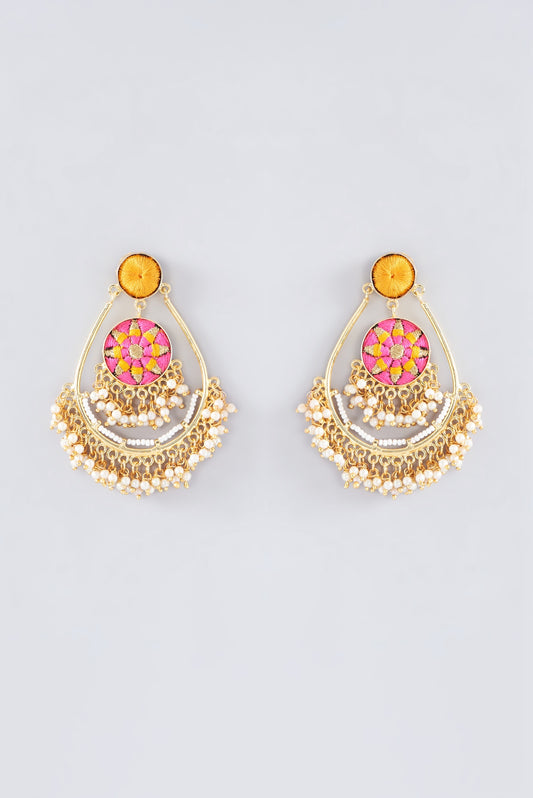 Matte Gold Finish Hot Pink Thread Embroidered Chandbali Earrings