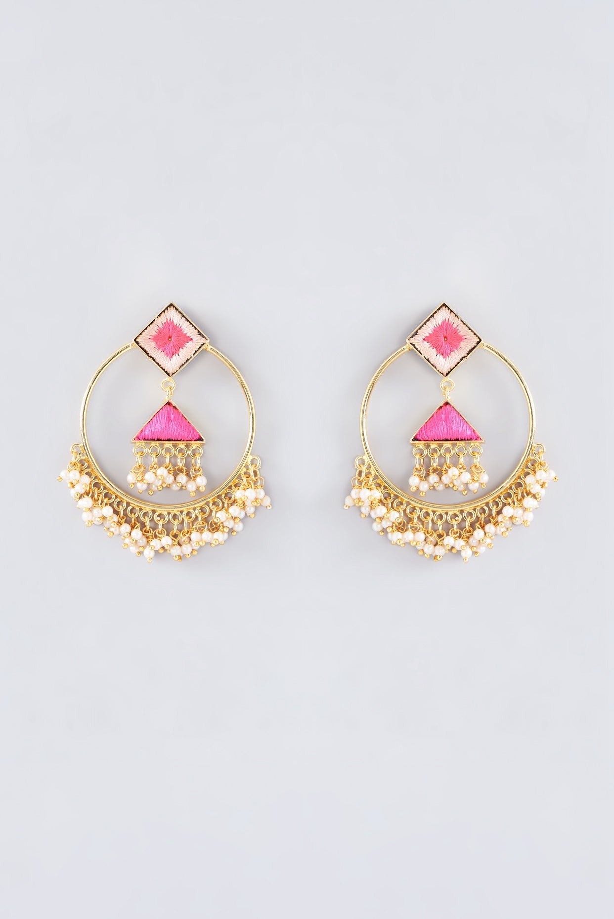 Matte Gold Finish Peach Thread Embroidered Hoop Earrings