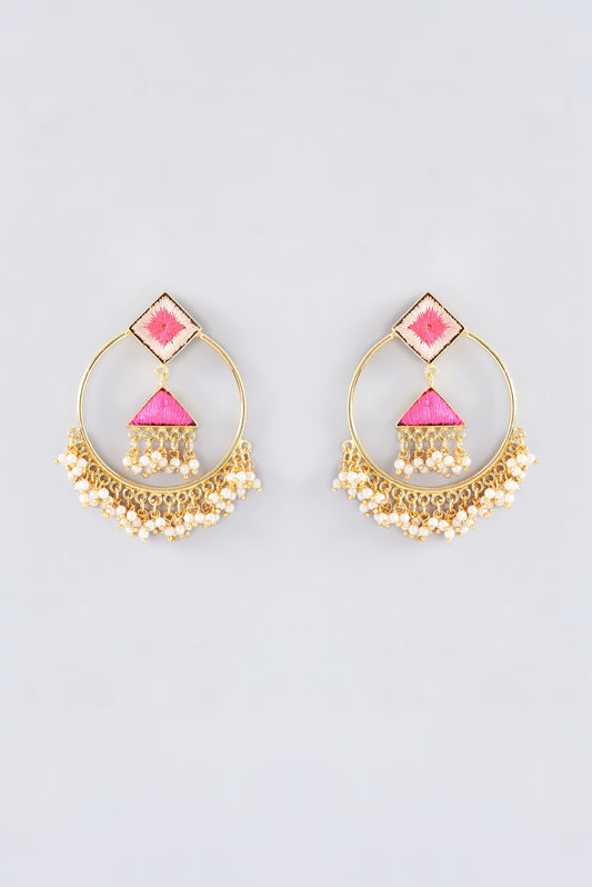 Matte Gold Finish Peach Thread Embroidered Hoop Earrings