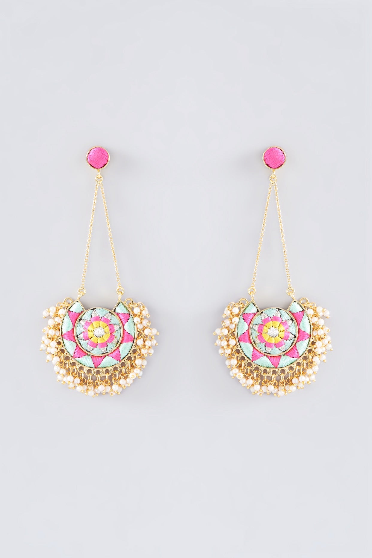 Matte Gold Finish Seafoam Thread Embroidered Chandbali Earrings