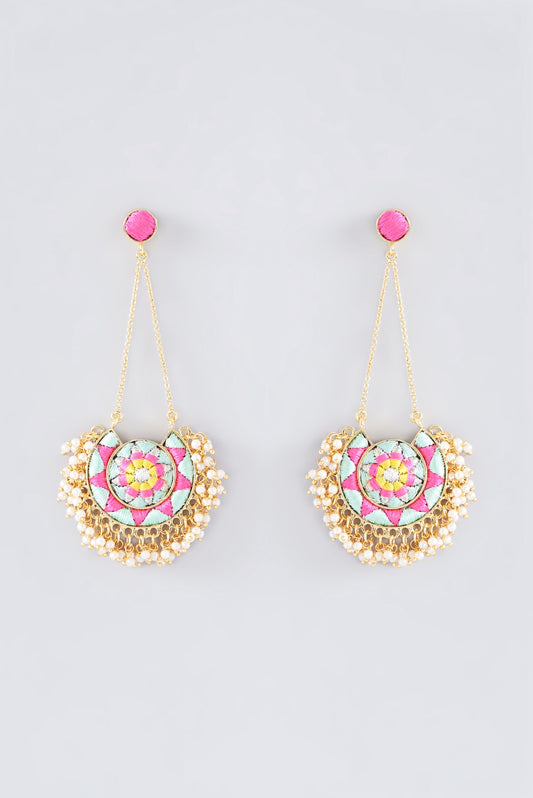 Matte Gold Finish Seafoam Thread Embroidered Chandbali Earrings