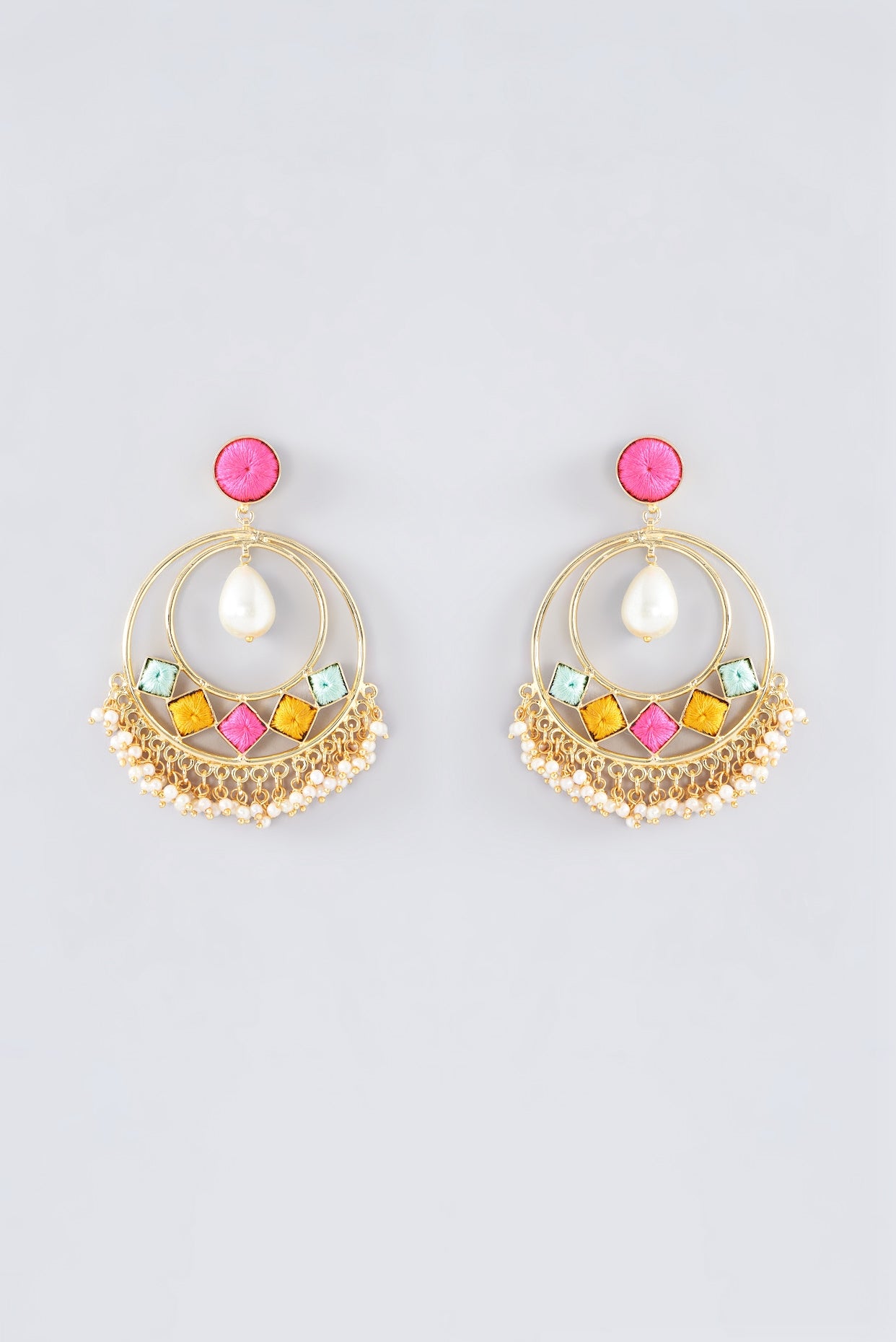 Matte Gold Finish Thread Embroidered Chandbali Earrings