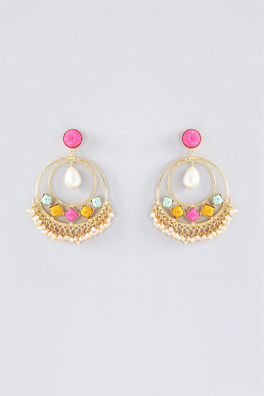 Matte Gold Finish Thread Embroidered Chandbali Earrings