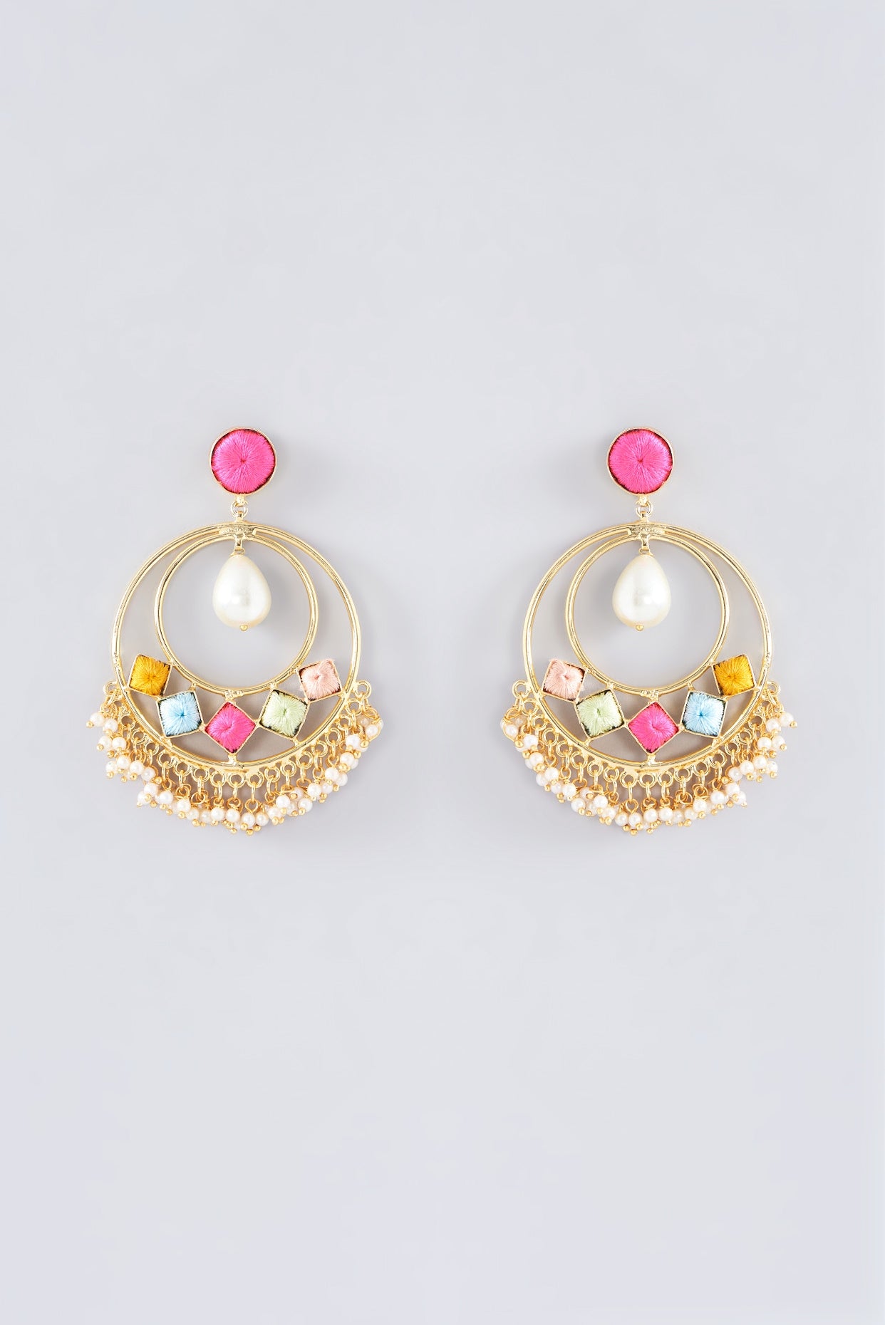 Matte Gold Finish Thread Embroidered Chandbali Earrings