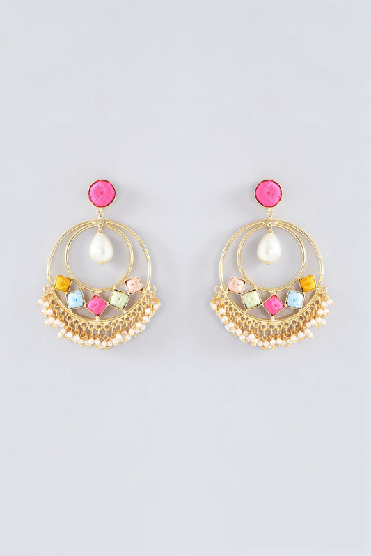 Matte Gold Finish Thread Embroidered Chandbali Earrings