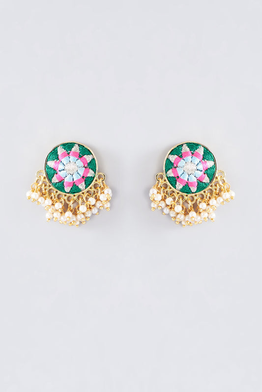 Matte Gold Finish Green Thread Embroidered Stud Earrings