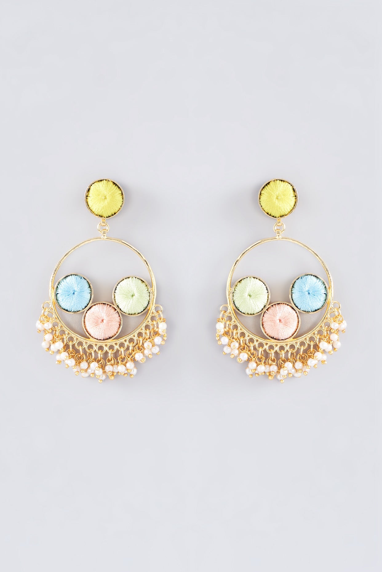 Matte Gold Finish Multi-Colored Thread Embroidered Chandbali Earrings