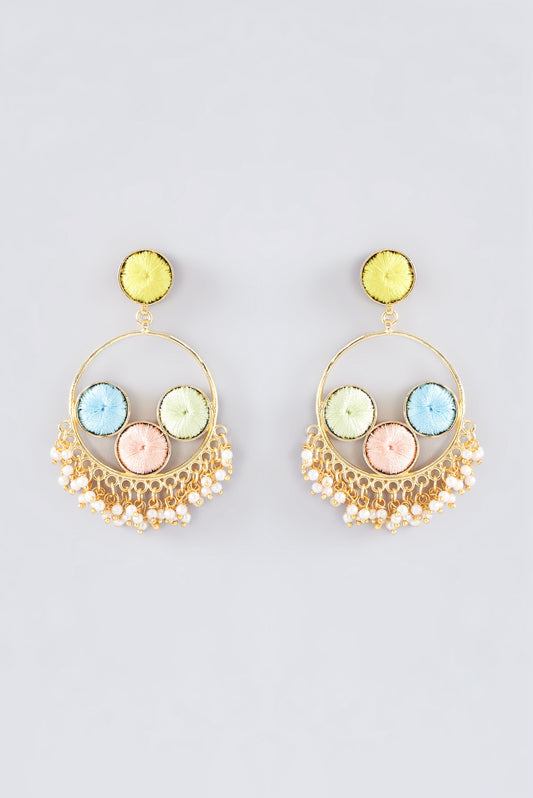 Matte Gold Finish Multi-Colored Thread Embroidered Chandbali Earrings