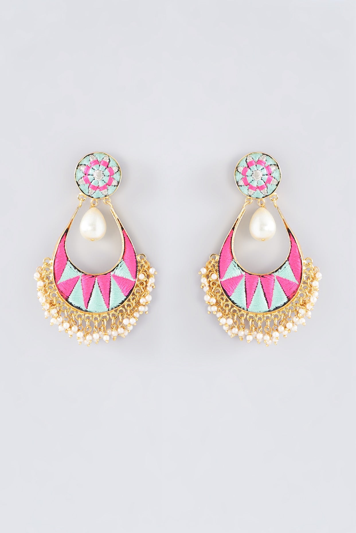 Matte Gold Finish Pink Thread Embroidered Chandbali Earrings