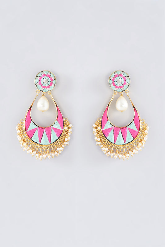 Matte Gold Finish Pink Thread Embroidered Chandbali Earrings