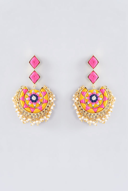 Matte Gold Finish Rose Pink Thread Embroidered Chandbali Earrings