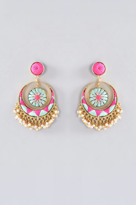 Matte Gold Finish Multi-Colored Thread Embroidered Chandbali Earrings