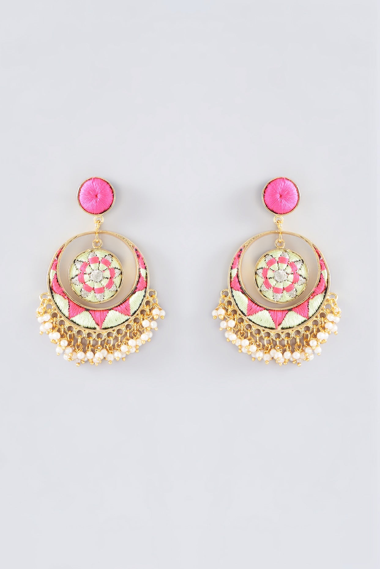 Matte Gold Finish Mint Green Thread Embroidered Chandbali Earrings