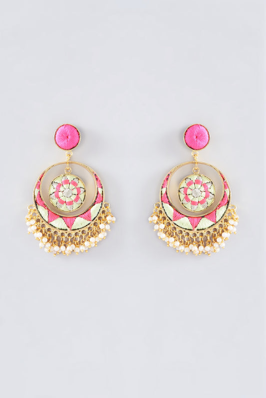 Matte Gold Finish Mint Green Thread Embroidered Chandbali Earrings