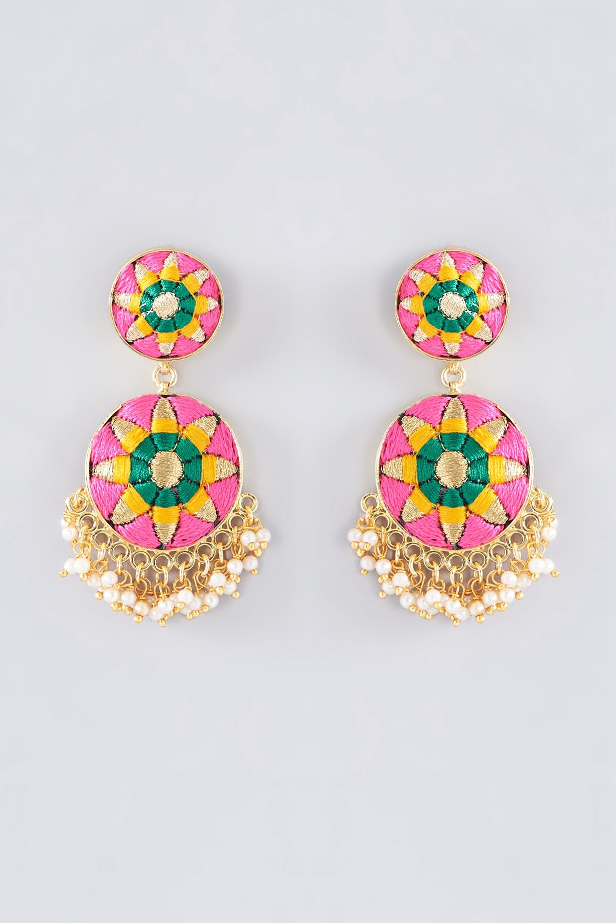 Matte Gold Finish Cerise Pink Thread Embroidered Dangler Earrings