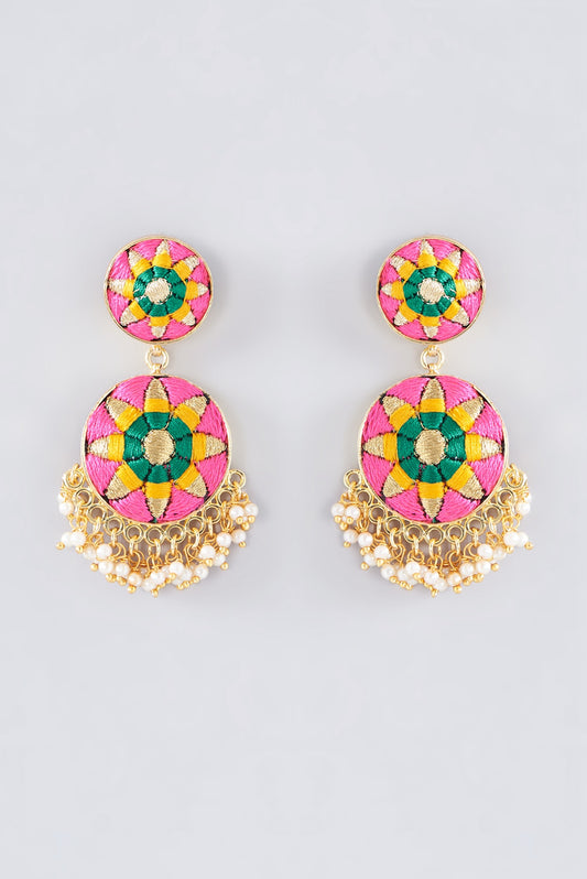 Matte Gold Finish Cerise Pink Thread Embroidered Dangler Earrings