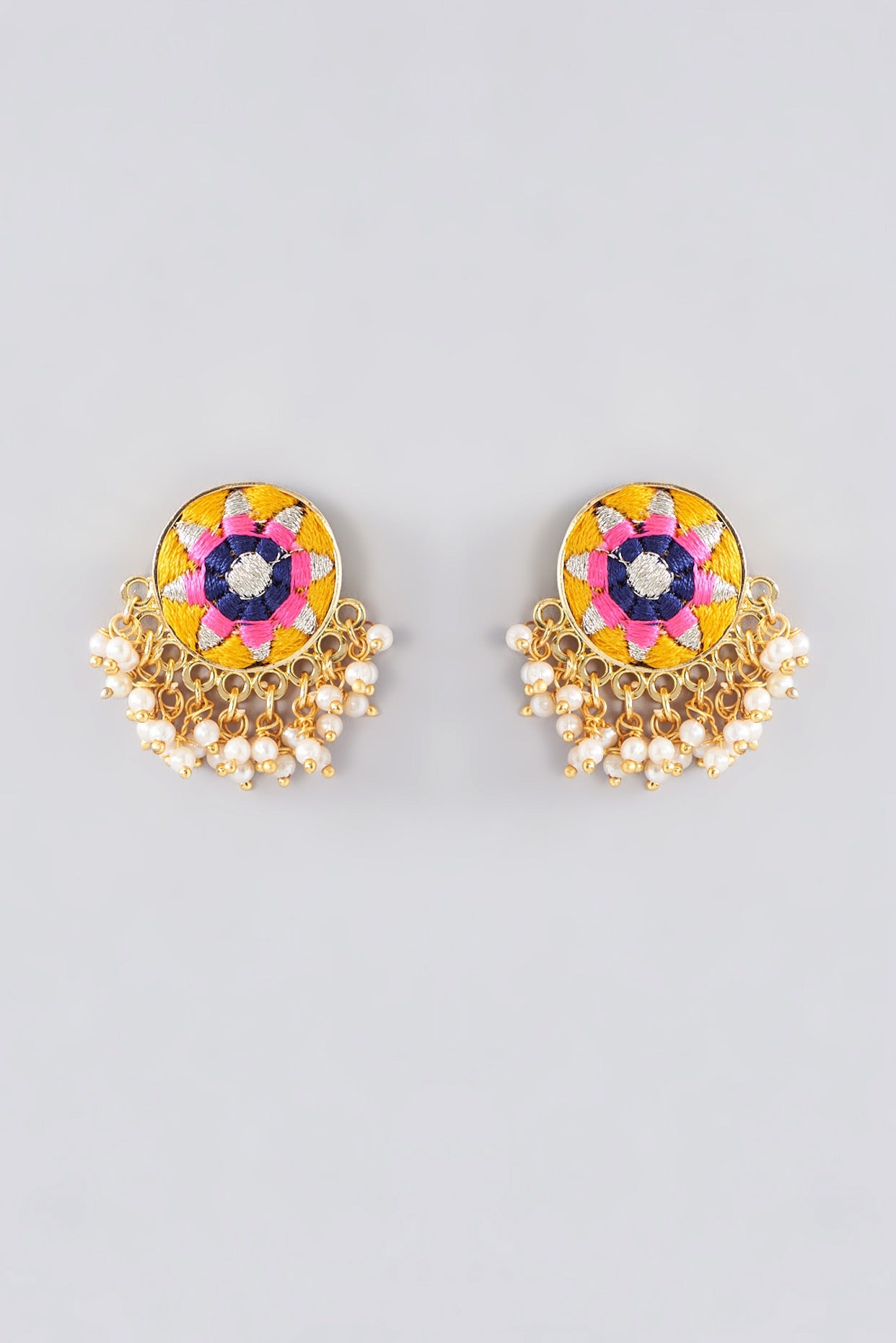 Matte Gold Finish Fog Yellow Thread Embroidered Stud Earrings